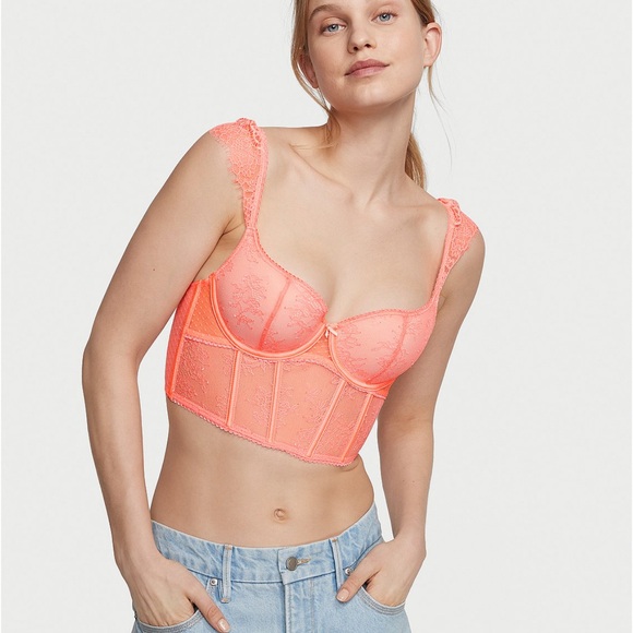 Victoria’s Secret NWT Dream Angels Peach Lace Longline and thong panty set - Picture 2 of 7